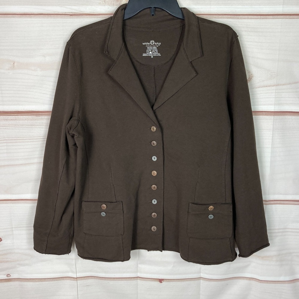 White Lotus Lifestyle Jacket Womens M Brown Button Up Cotton Collar‎ Solid Knit